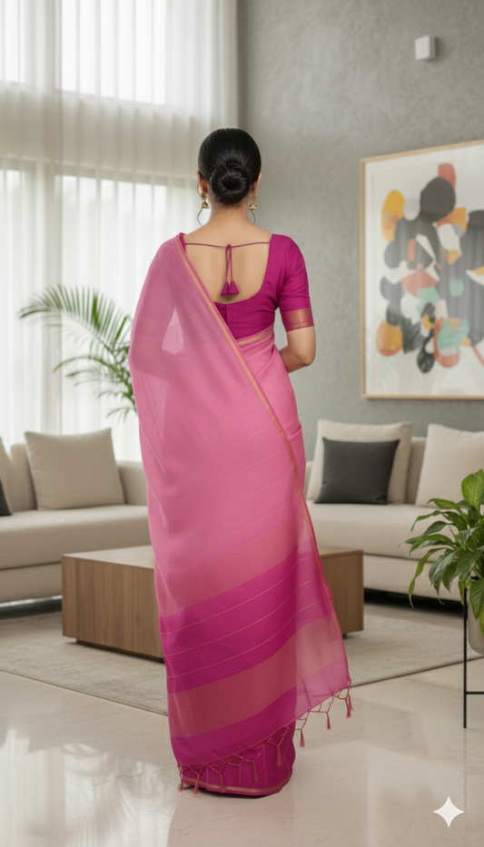 Elegant Double Shaded Pink Pure Silk Saree with Golden Border