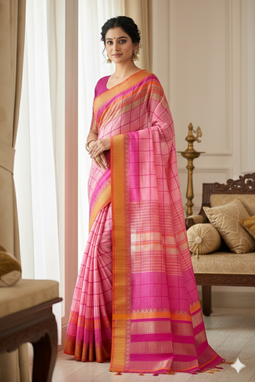Super soft kota doriya saree with full paithani style jacquard border and chit pallu with contast strips