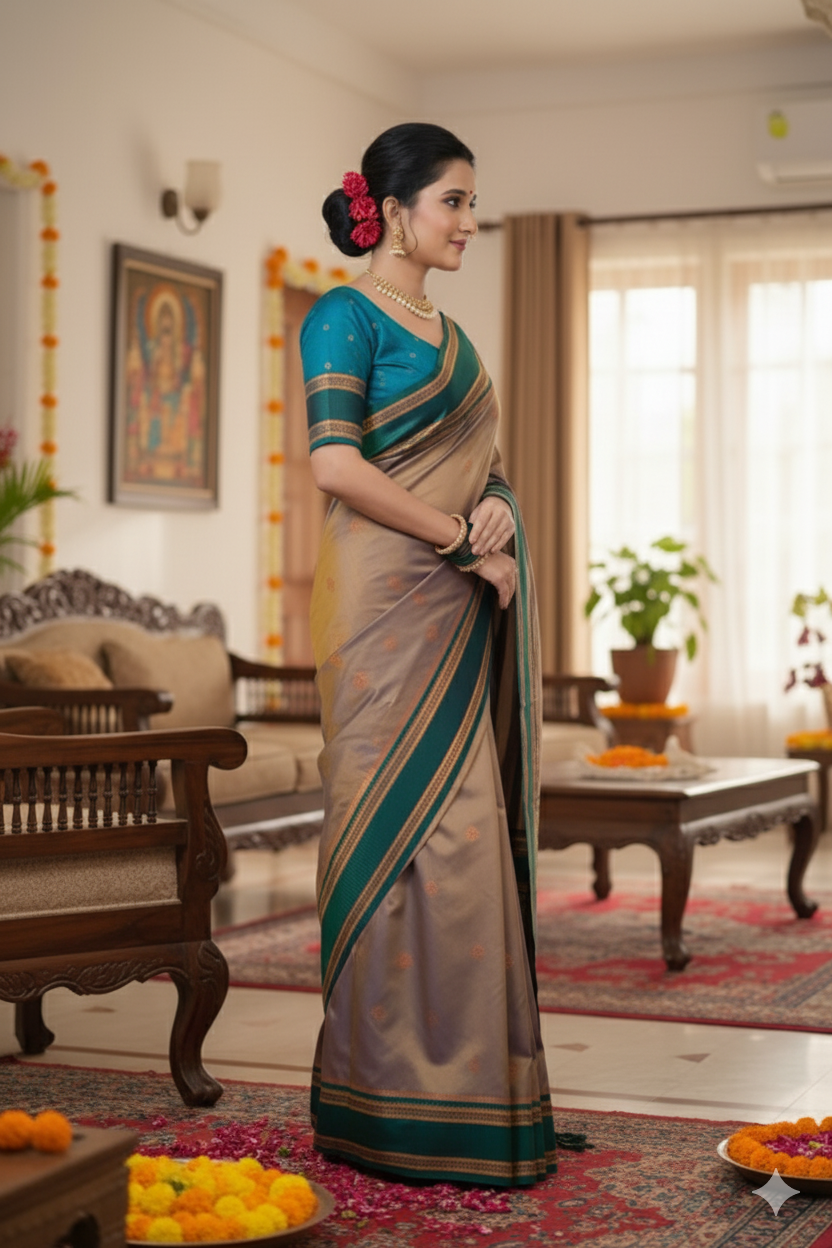 Experience the beauty of Pure Banarasi Silk Paithni Sarees designed for elegance and grace. The soft silk fabric with intricate Golden Banarasi zari weaving