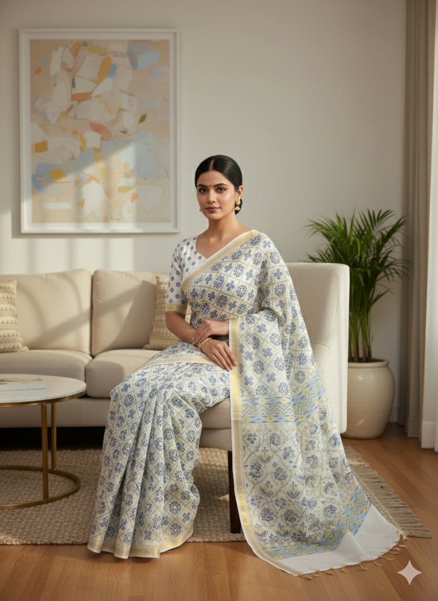 Elegant Blue & White Patola Printed Pure Silk Saree