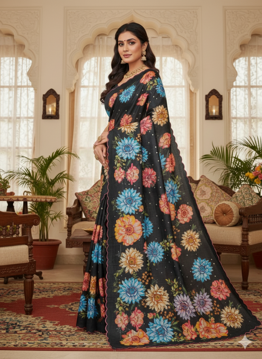 Handloom tussar silk saree with floral digital print and arco border all over saree