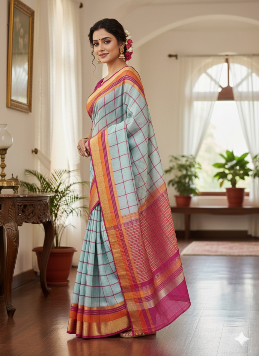 Super soft kota doriya saree with full paithani style jacquard border and chit pallu with contast strips