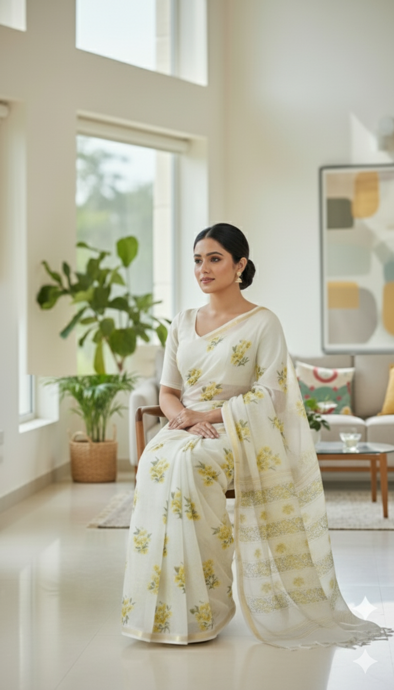 Elegant Yellow Floral Printed Pure Silk Saree