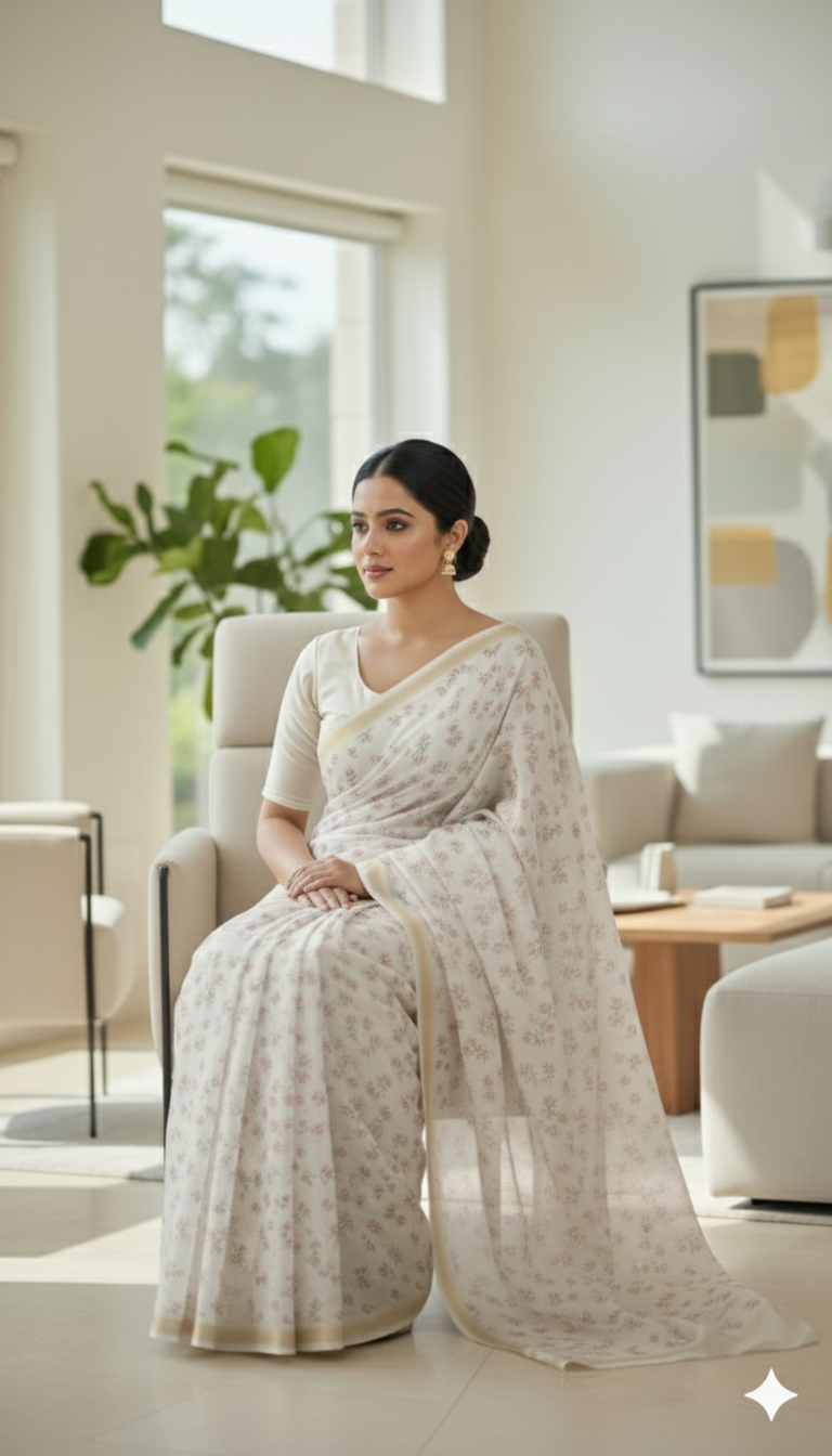 Soft Pink Floral Printed Pure Silk Saree