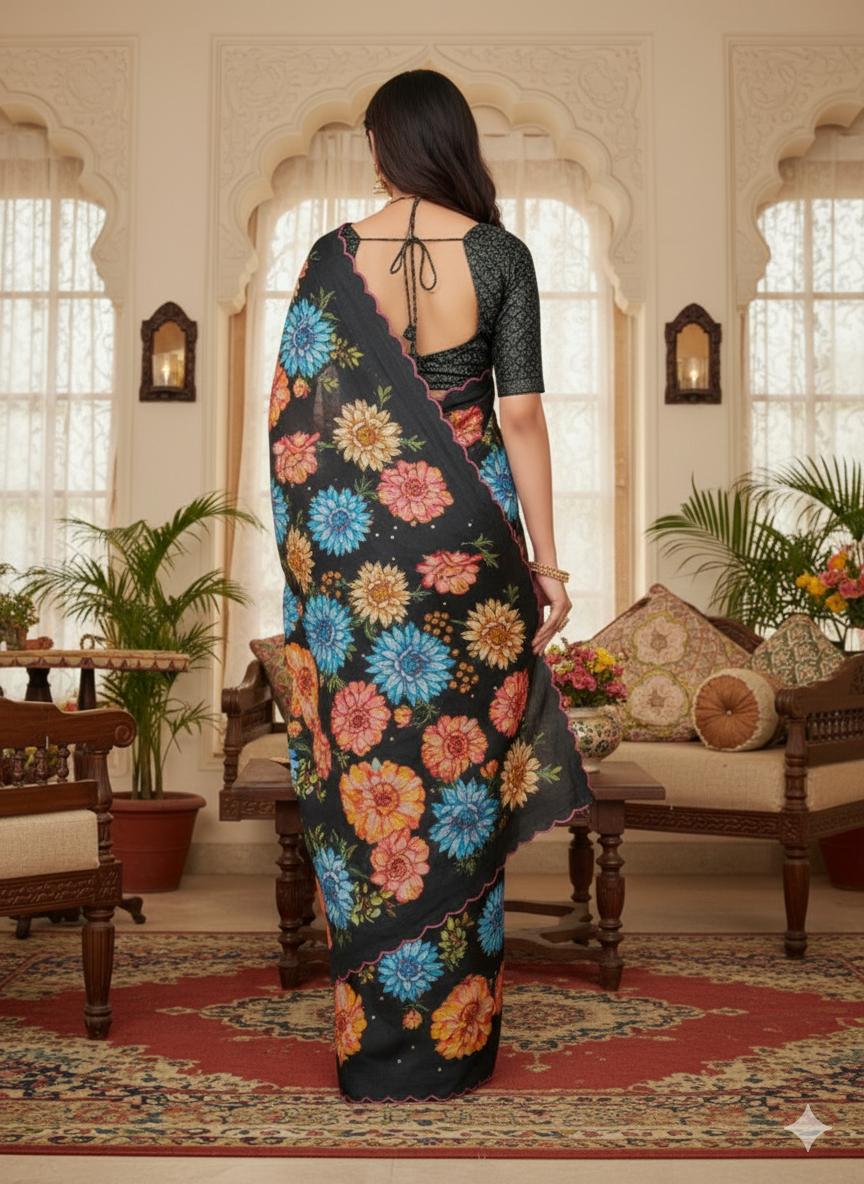 Handloom tussar silk saree with floral digital print and arco border all over saree