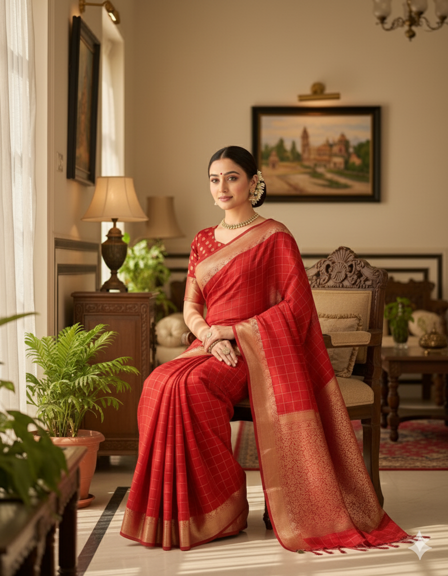 Elegant Red Checkered Saree with Golden Border
