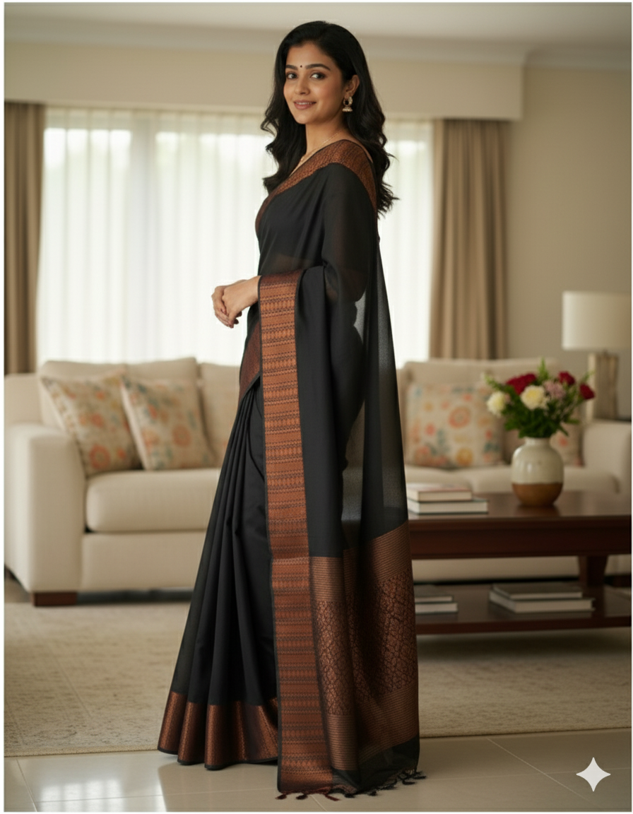 Elegant Black Saree with Copper Zari Border