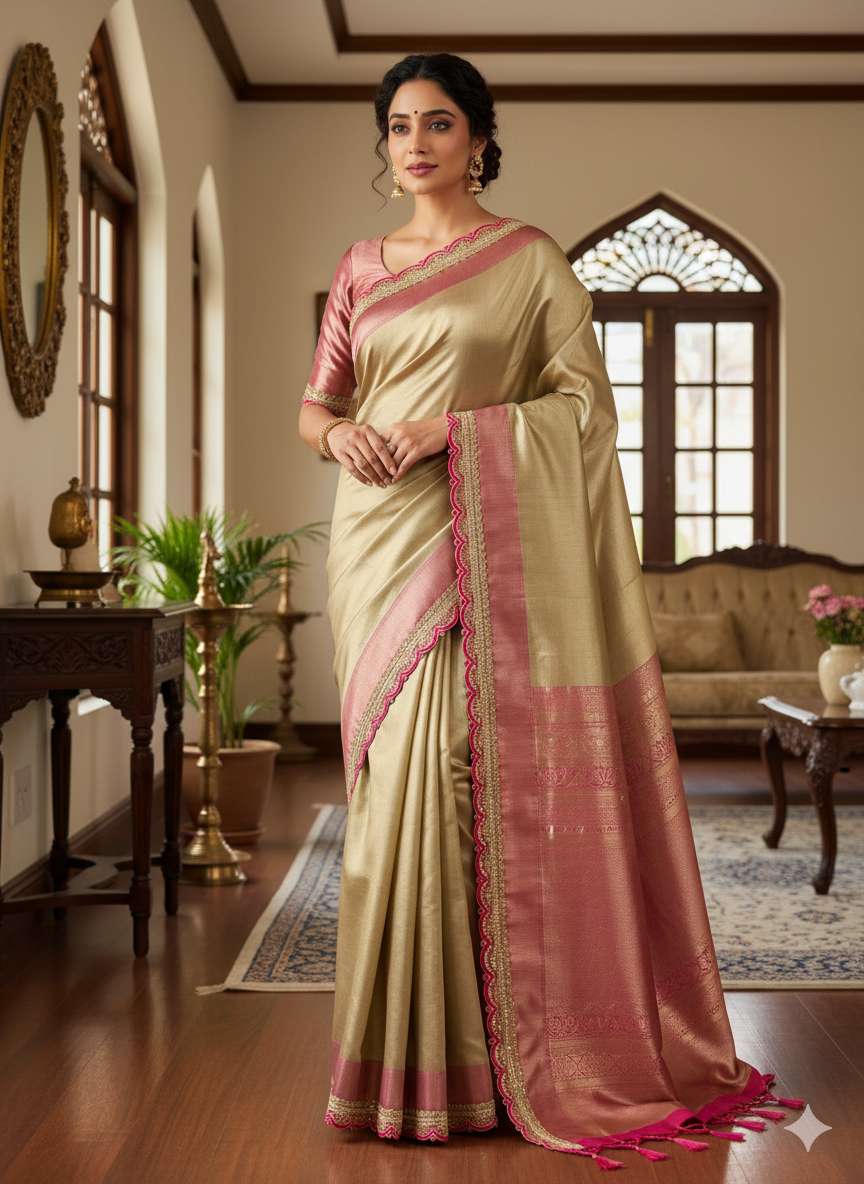 Elegant Beige and Rose Gold Traditional Saree