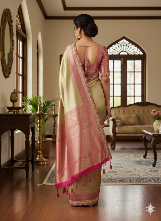 Elegant Beige and Rose Gold Traditional Saree