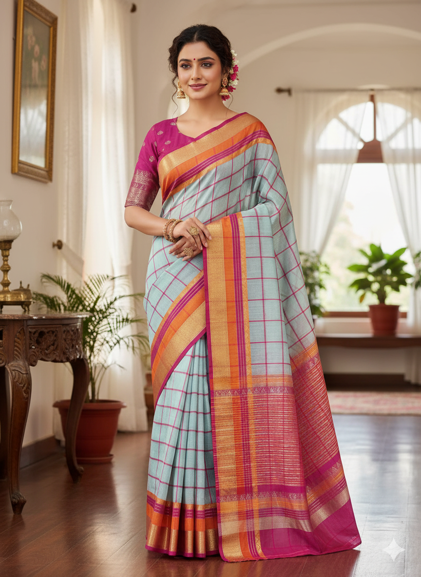 Super soft kota doriya saree with full paithani style jacquard border and chit pallu with contast strips