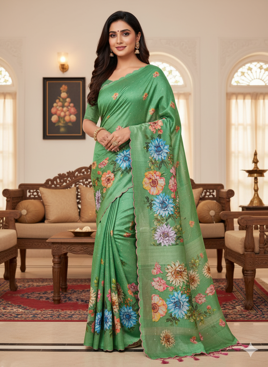 Handloom tussar silk saree with floral digital print and arco border all over saree