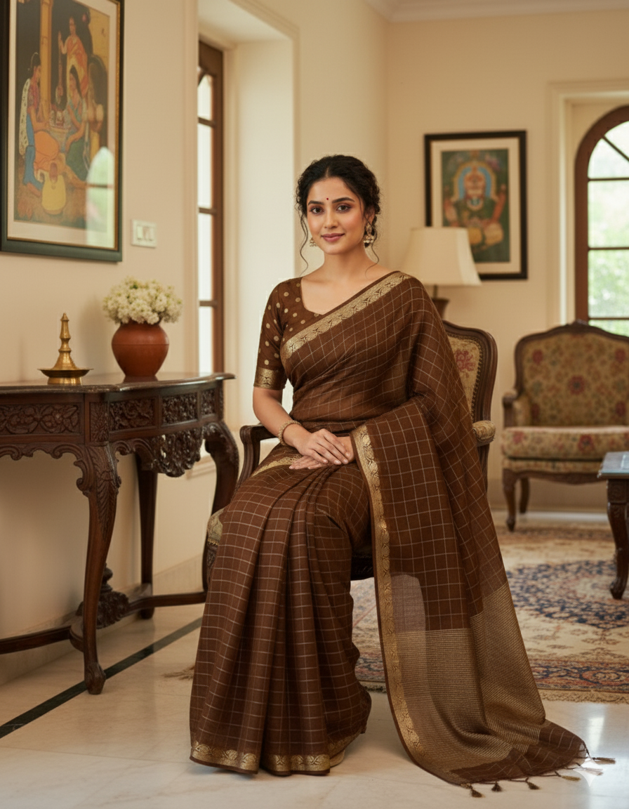 Classic Brown Saree with Golden Border