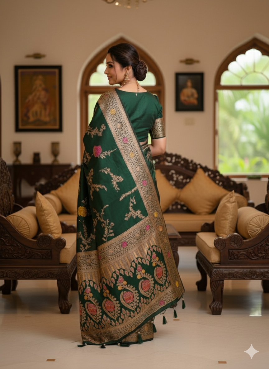 Soft banarsi silk sareewith zari weaving meenakari touchup rich pallu with meenakari weaving border