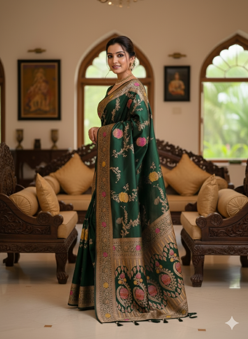 Soft banarsi silk sareewith zari weaving meenakari touchup rich pallu with meenakari weaving border