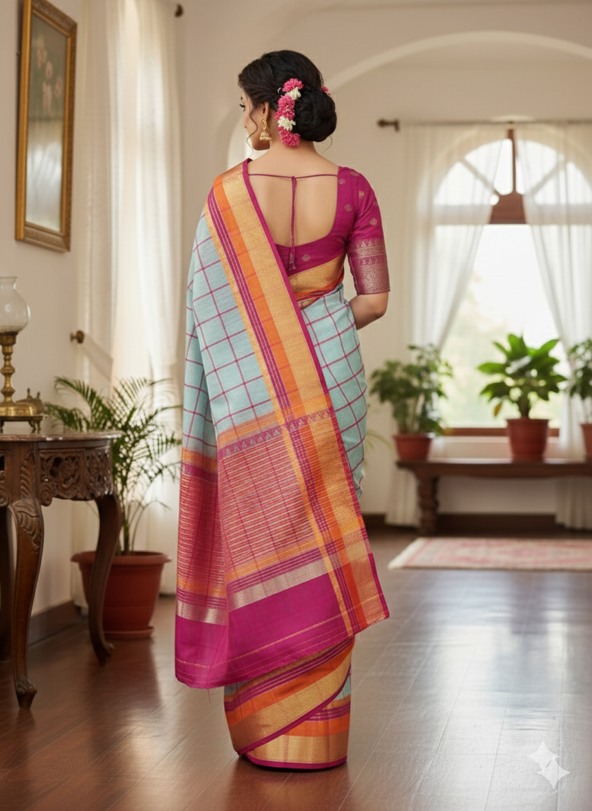 Super soft kota doriya saree with full paithani style jacquard border and chit pallu with contast strips