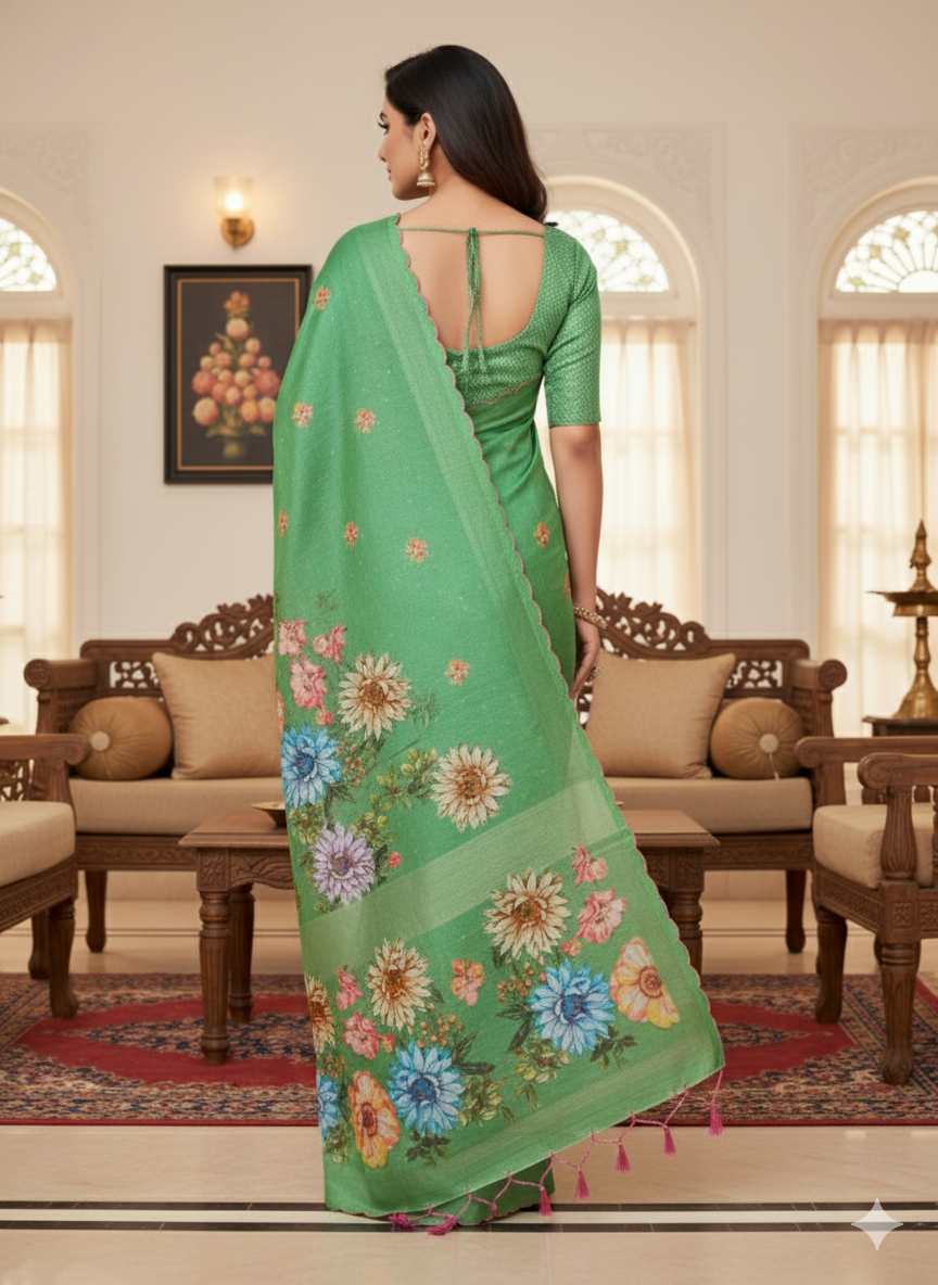 Handloom tussar silk saree with floral digital print and arco border all over saree