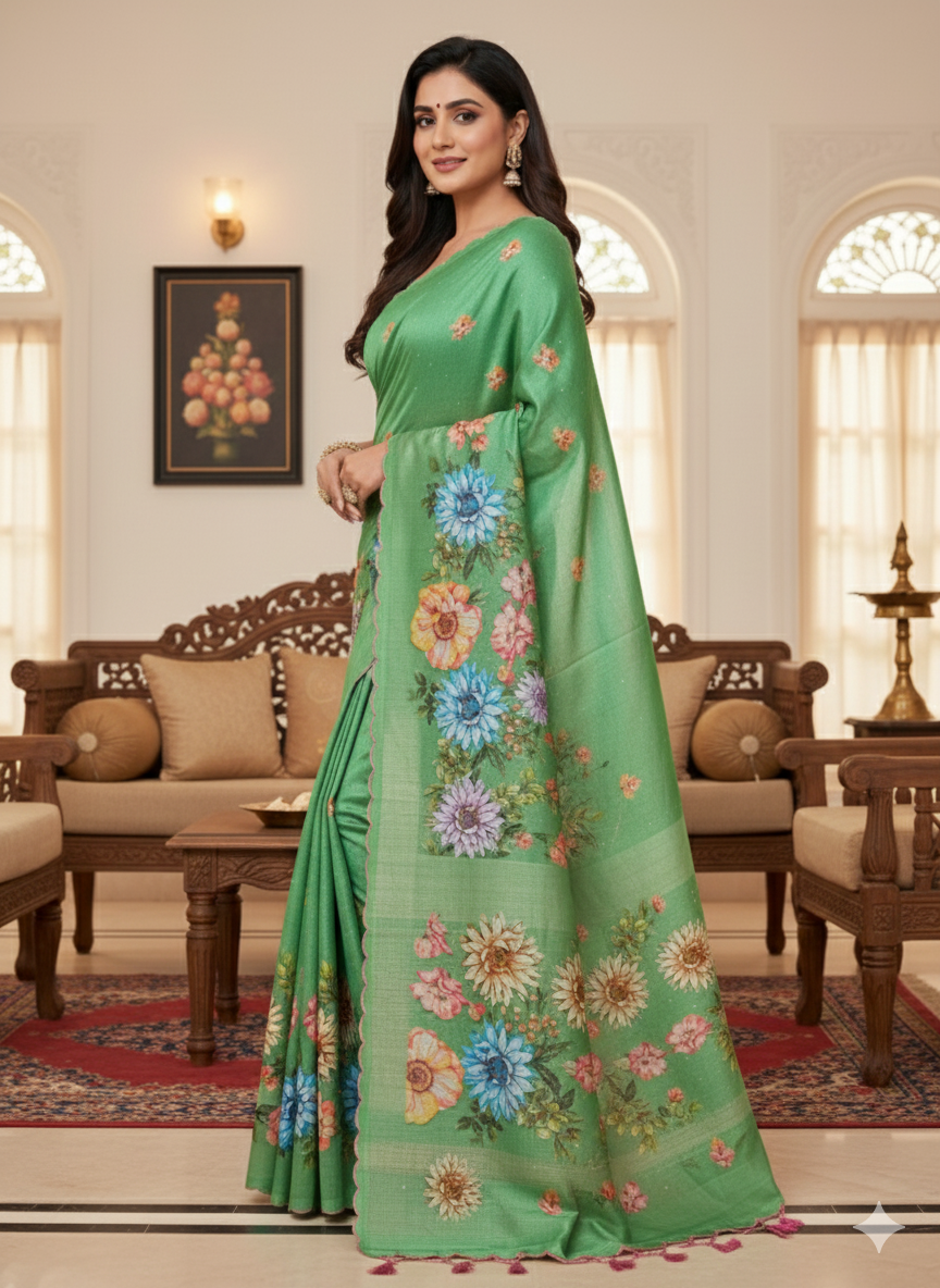 Handloom tussar silk saree with floral digital print and arco border all over saree