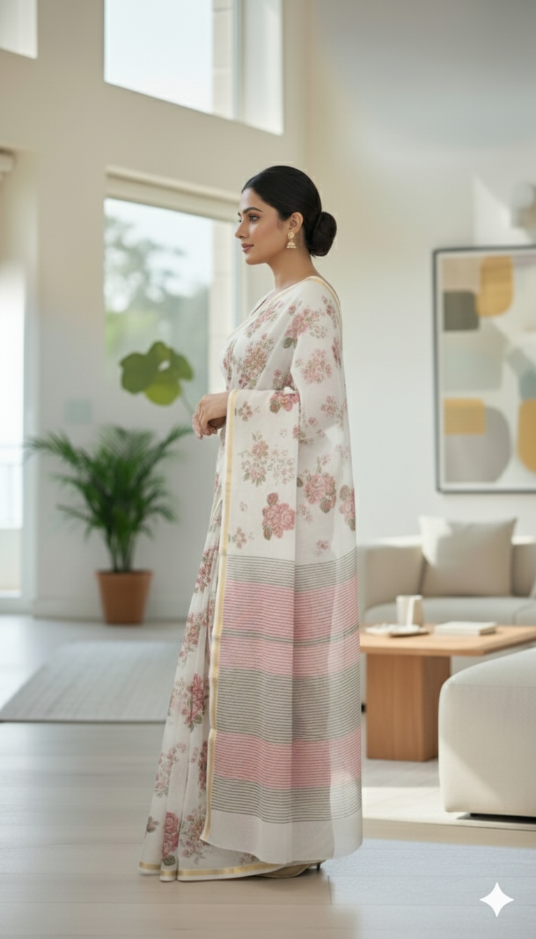 Light-Weight Floral Printed Silk Saree – Cream with Pink Rose Motifs