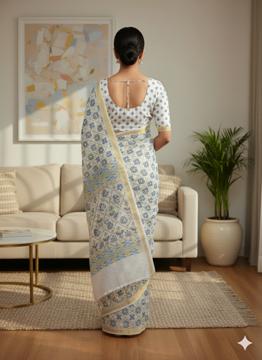 Elegant Blue & White Patola Printed Pure Silk Saree