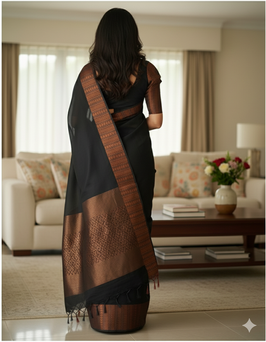 Elegant Black Saree with Copper Zari Border