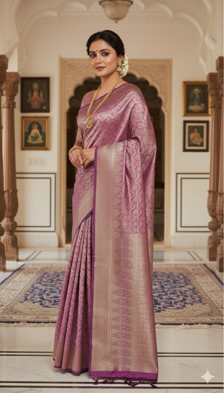 Elegant Lavender Kanjivaram Saree with Golden Zari Weave