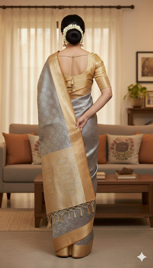 Classic Grey & Gold Kanjivaram Saree with Traditional Zari Border