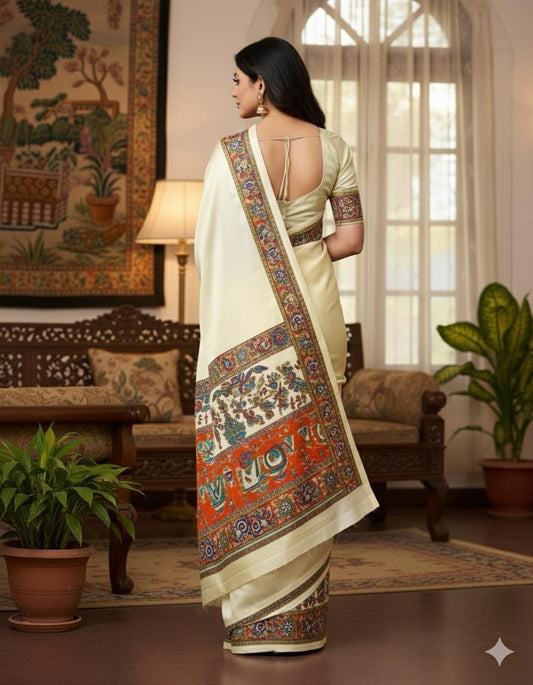 Elegant Cream Saree with Intricate Kalamkari Border