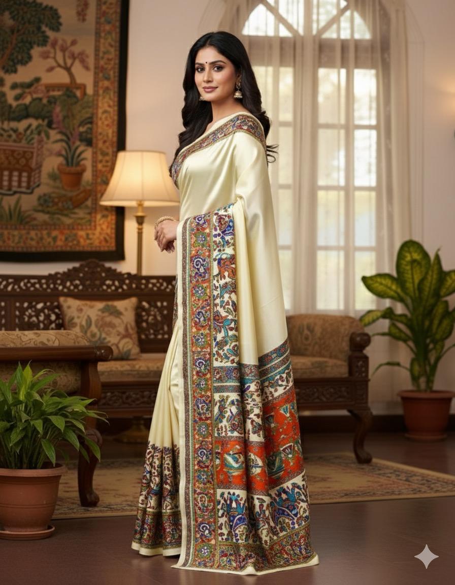 Elegant Cream Saree with Intricate Kalamkari Border