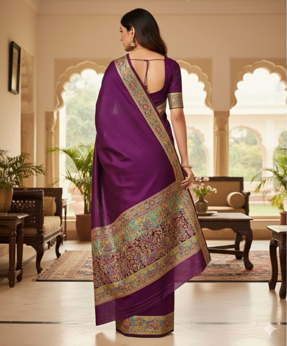 Royal Purple Saree with Exquisite Kalamkari Border