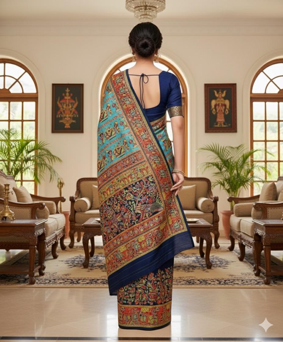 Navy Blue Saree with Vibrant Kalamkari Artwork Border