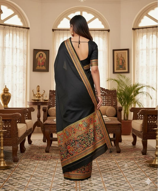 Elegant Black Saree with Rich Kalamkari Border