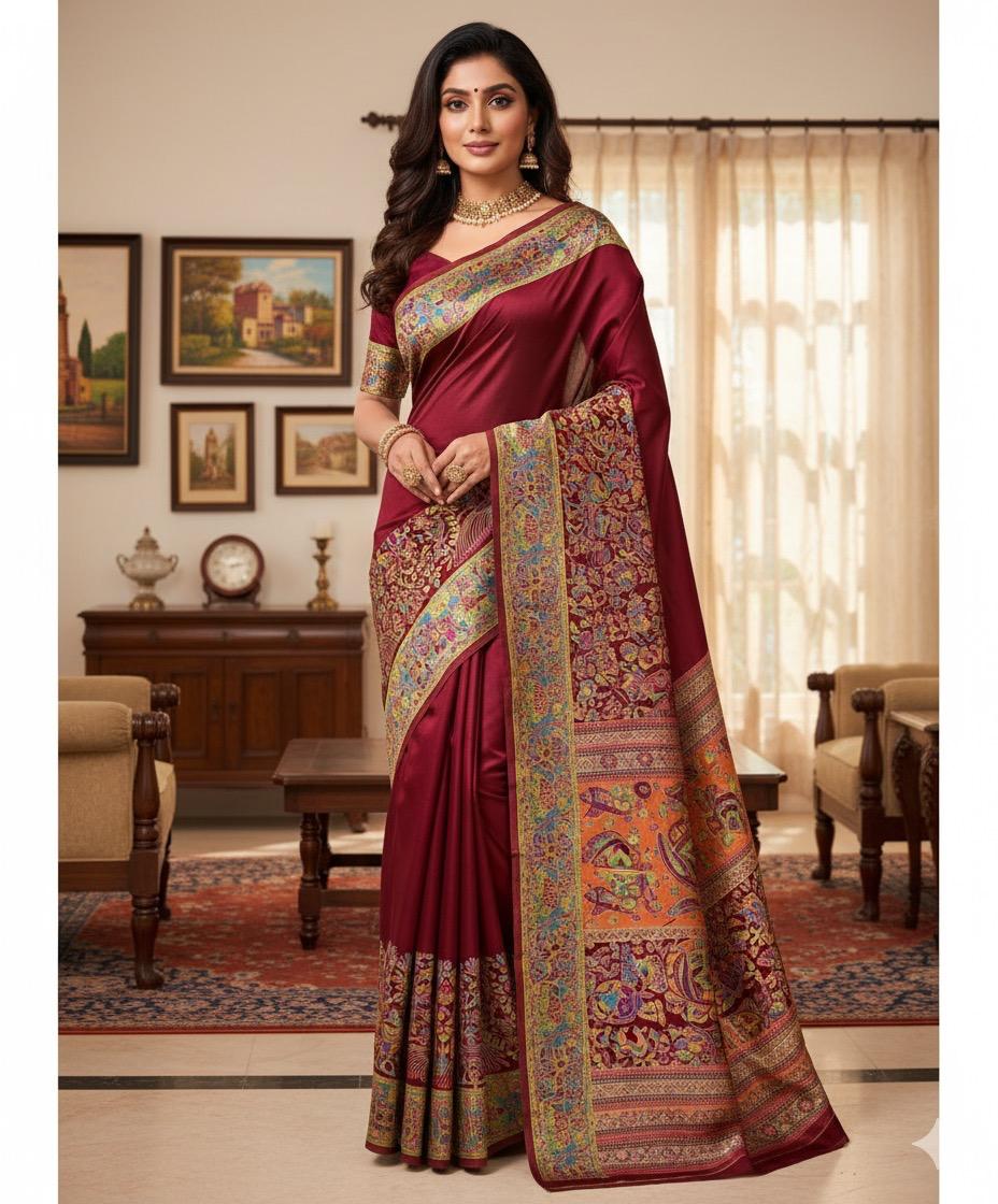 Majestic Maroon Saree with Intricate Kalamkari Border