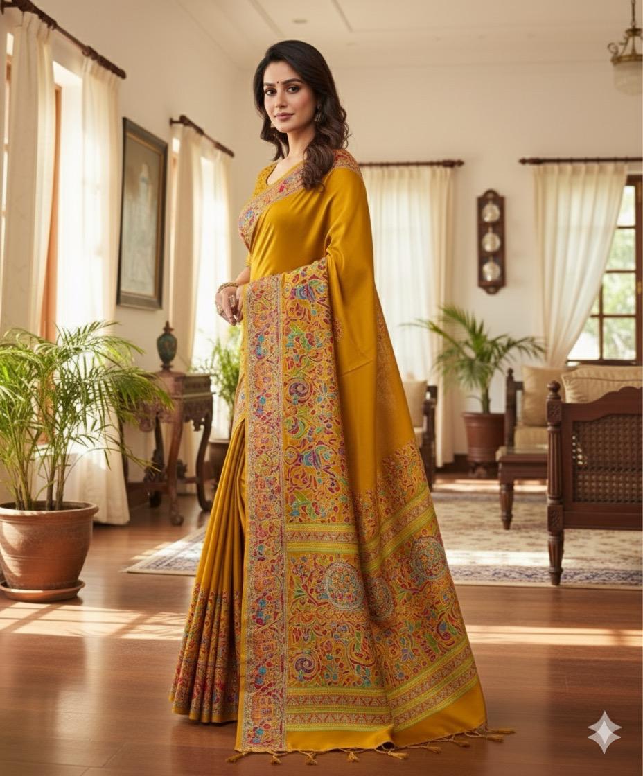 Mustard Yellow Saree with Colorful Kalamkari Border