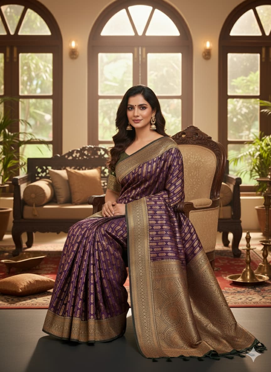 Royal Purple Banarasi Saree with Golden Zari Border