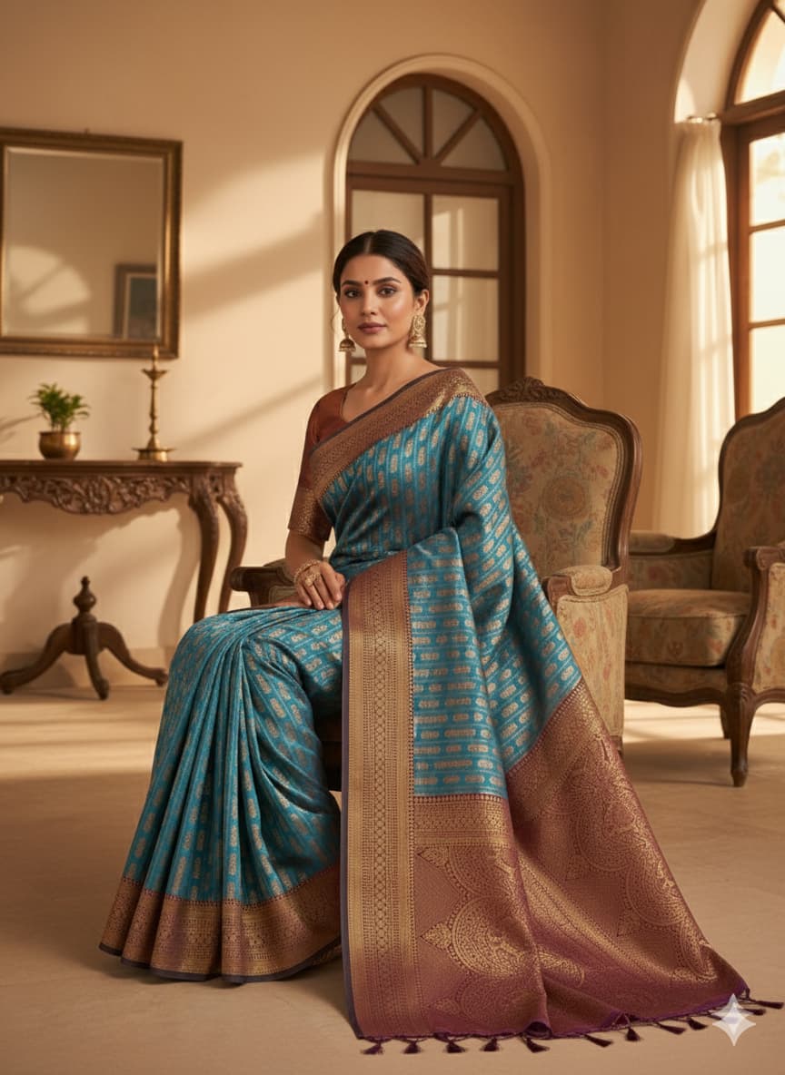 Elegant Teal Banarasi Saree with Rich Golden Zari