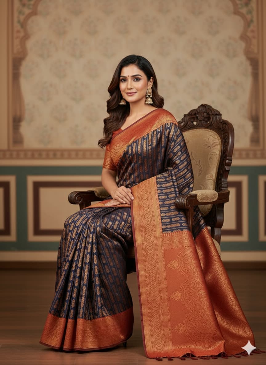 Royal Blue and Copper Woven Saree