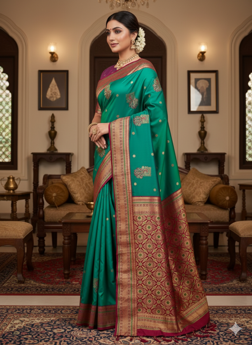 Title: Peacock hues dancing on silk threads/Paithani saree