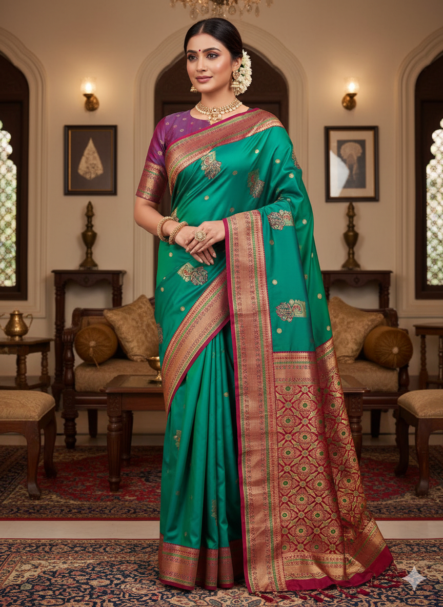 Title: Peacock hues dancing on silk threads/Paithani saree