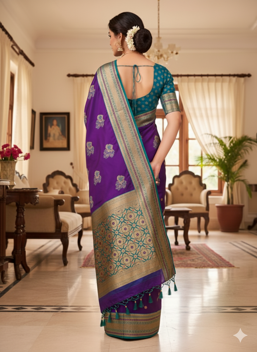 Title: Peacock hues dancing on silk threads/Paithani saree