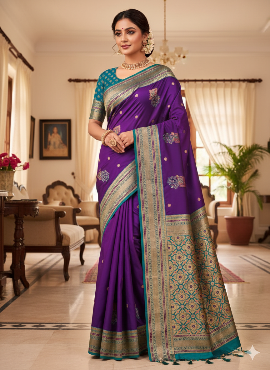 Title: Peacock hues dancing on silk threads/Paithani saree