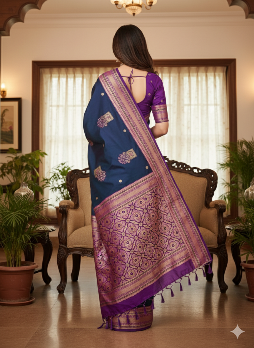 Title: Peacock hues dancing on silk threads/Paithani saree