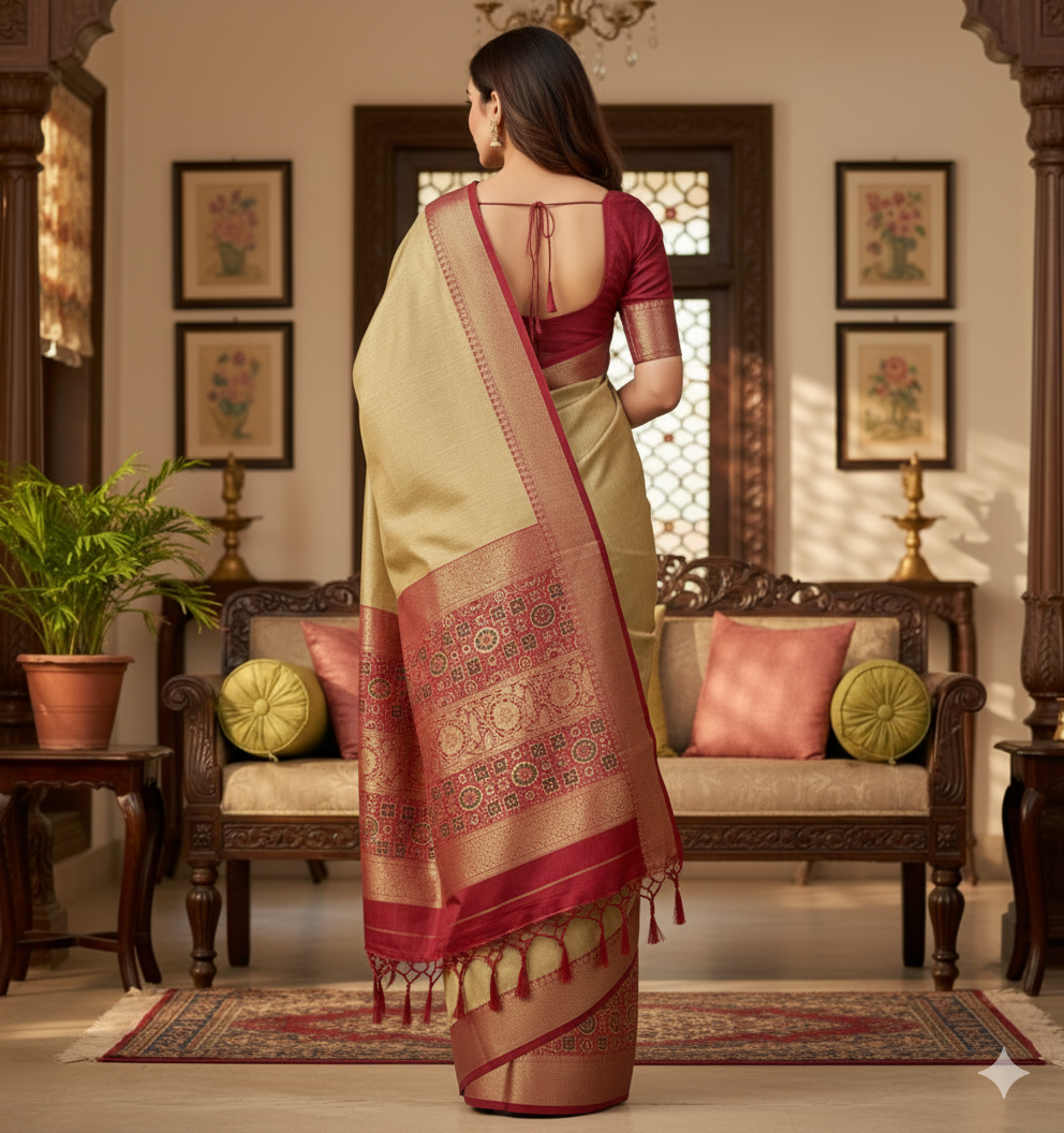 Soft dola silk saree/ajarakh pallu and ajarakh blouse