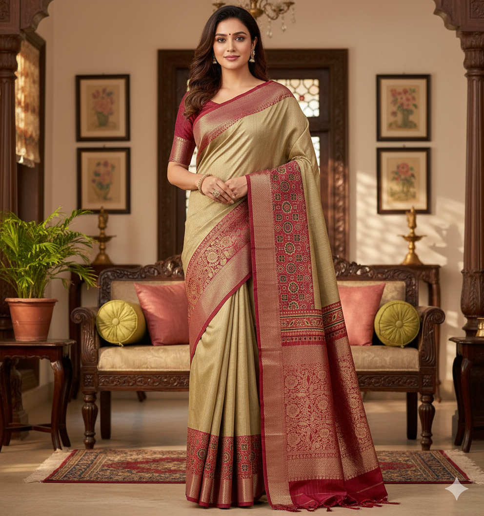 Soft dola silk saree/ajarakh pallu and ajarakh blouse