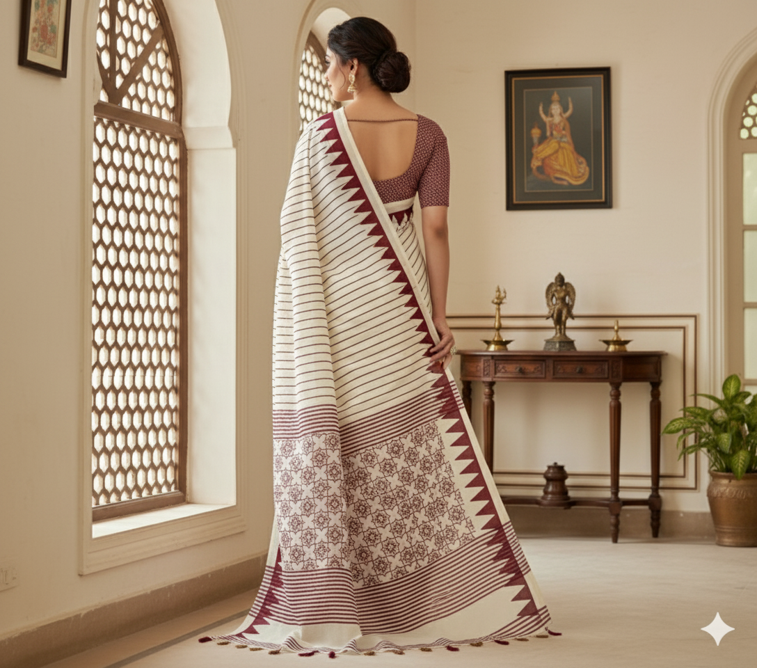 Pure crepe satin with ajrak lahariya printed saree rich pallu with heavy tussles