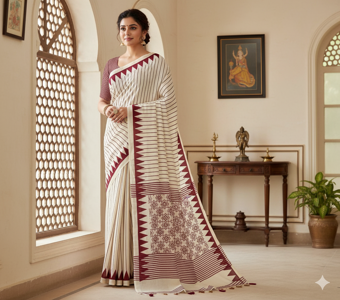 Pure crepe satin with ajrak lahariya printed saree rich pallu with heavy tussles