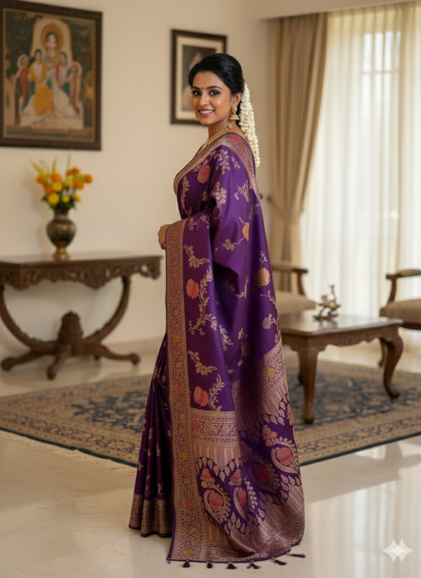 Soft banarsi silk saree with zari weaving meenakari touchup design all over saree rich pallu