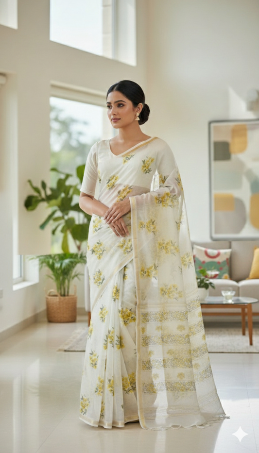 Elegant Yellow Floral Printed Pure Silk Saree