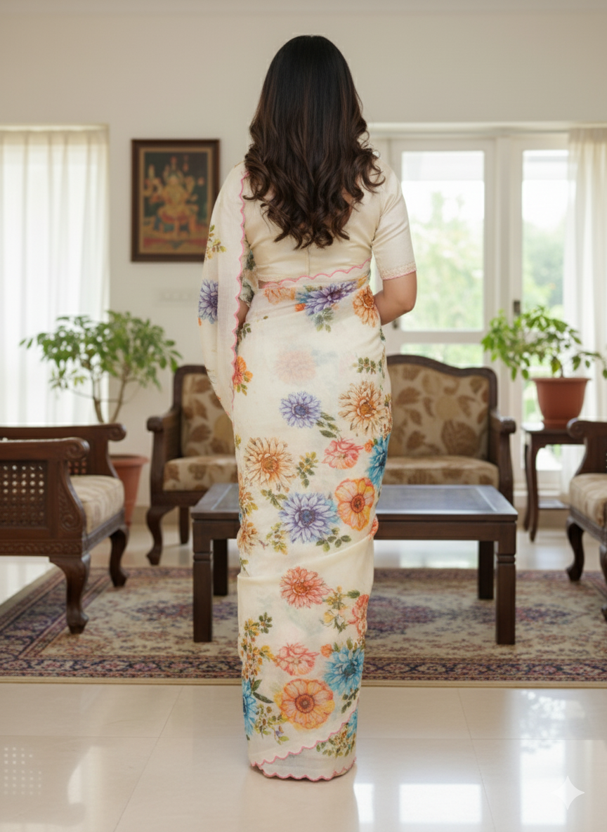 Handloom tussar silk saree with floral digital print and arco border all over saree