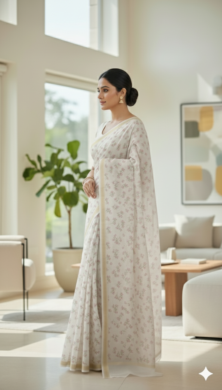 Soft Pink Floral Printed Pure Silk Saree