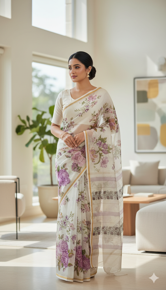 Elegant Light-Weight Printed Silk Saree – Cream with Floral Design